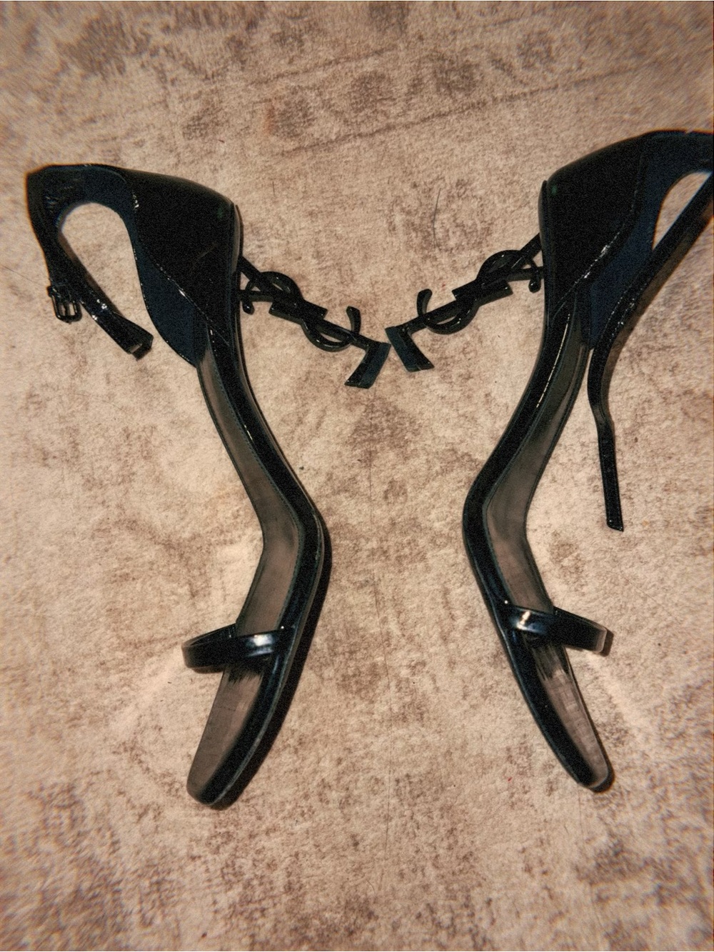 Yves Saint Laurent Black Patent Ankle-Tie Stiletto Sandals